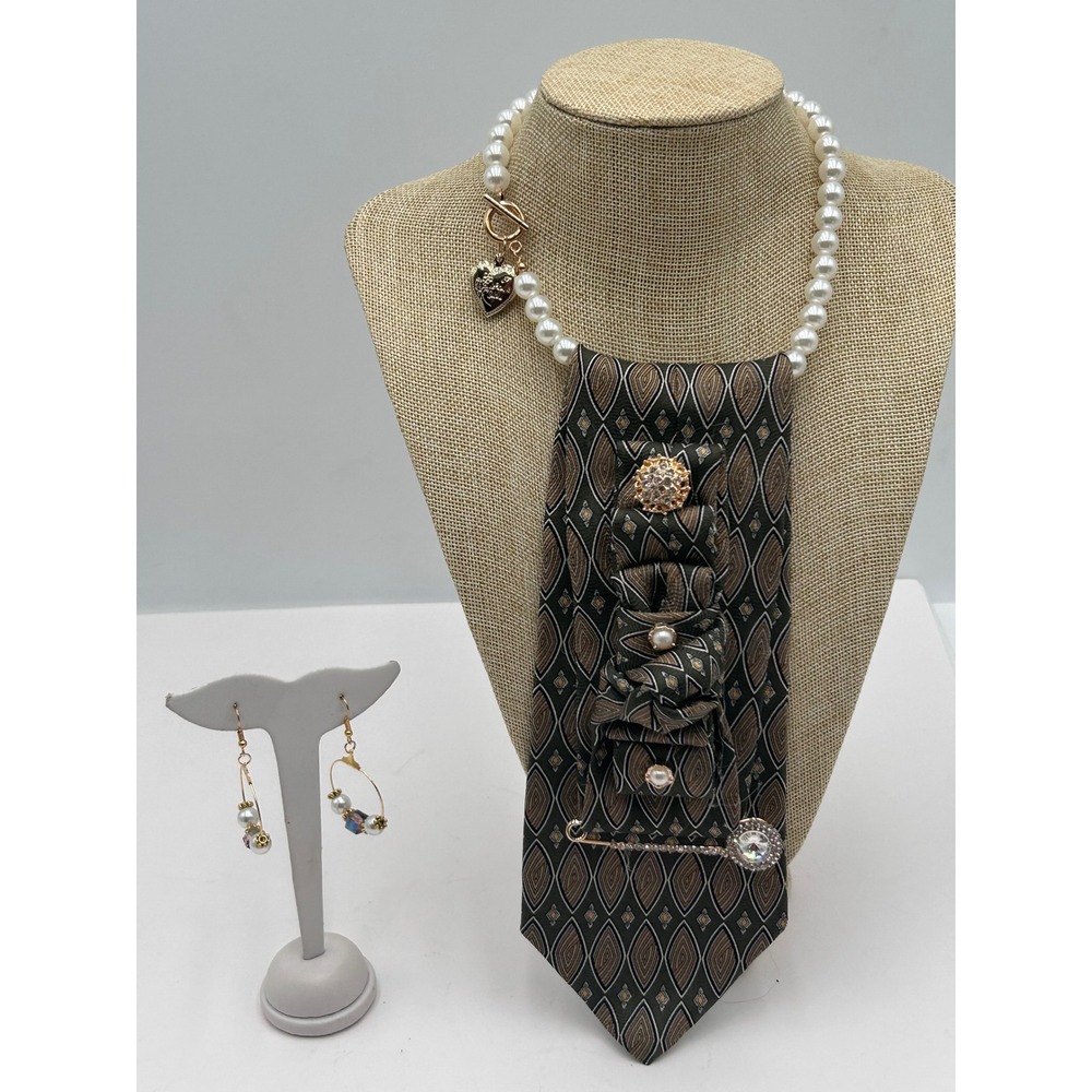 Geoffrey Beene Upcycled Silk Tie Pearl Necklace & Earring Set Boho Statement